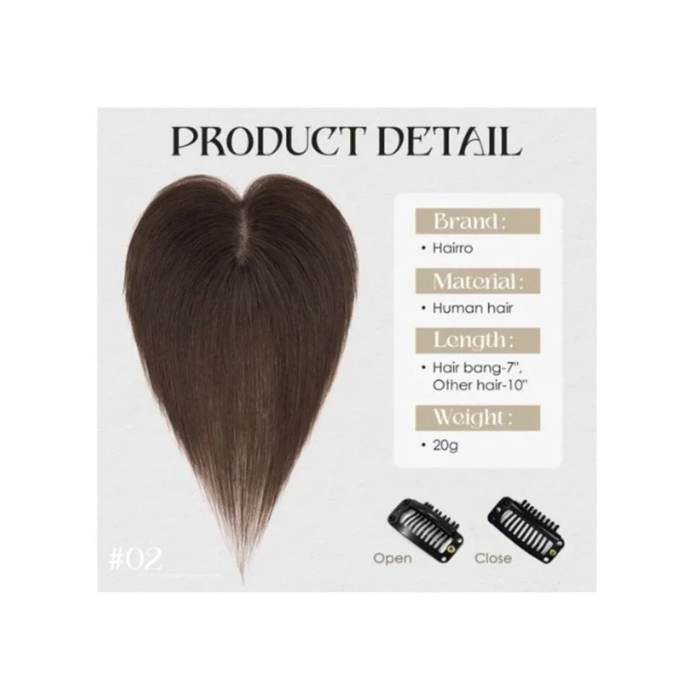 Hairro Human Hair Topper Dark Brown 10in Thinning Hairpiece Middle Part Bangs